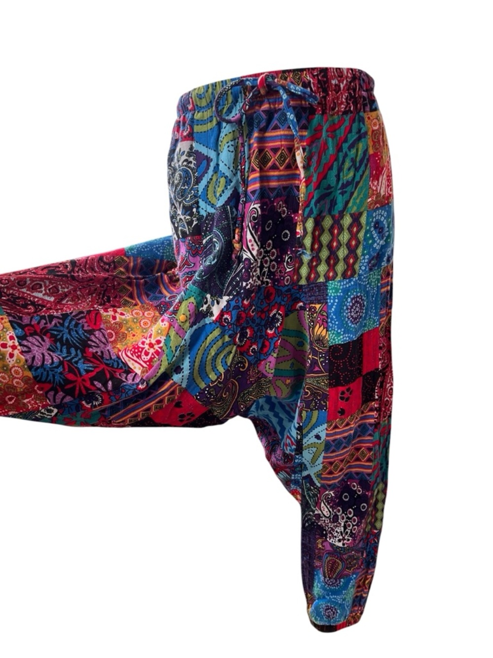 Patchwork multicolor harem style pants with pockets drawstring waist boho S - Picture 3 of 10